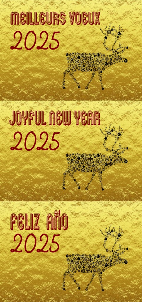 three shiny gold cards with New Year's Day wishes in French, English, and Spanish, each with cute illustration of a reindeer