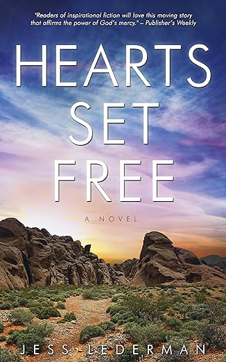 Book cover for Hearts Set Free shows rocky landscape against a evening sky 