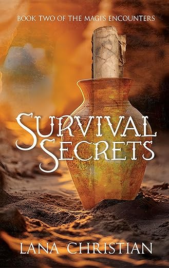 Book cover shows old transparent vase in sand with ancient scroll rolled inside