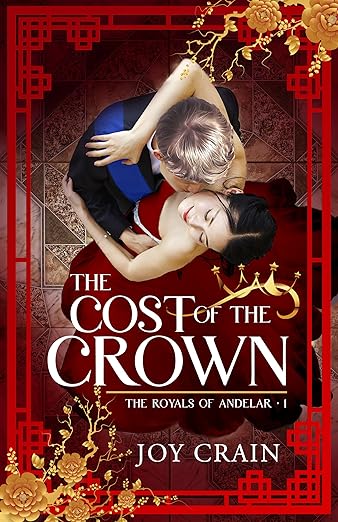 View, looking down from above, of young couple dancing in ballroom, dark-haired woman in flowing red gown, blond-haired man in black suit with blue sash