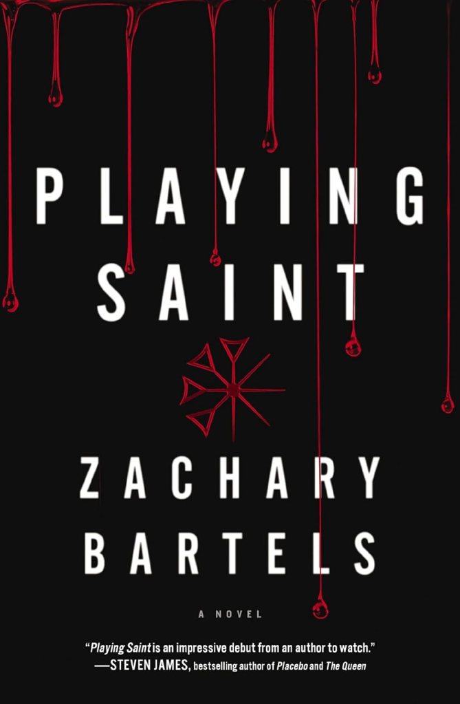 Title in white letters on black background with thin streams of red (like blood) dripping from top